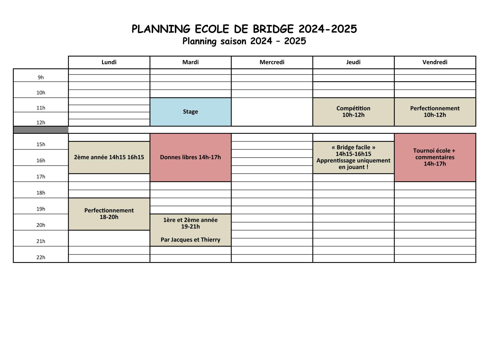 2024 2025 planning école de bridge